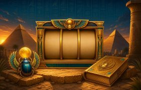 Golden pyramids, scarab, and an open book in an ancient Egyptian scene representing the best Egyptian slots