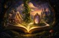 Open Storybook With a Candy Cottage, Beanstalk, and Magic Mirror Illustrating Fairy Tale Slots Online