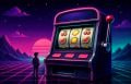 Retro synthwave pixel-art slot machine with a small human-like figure standing beside it