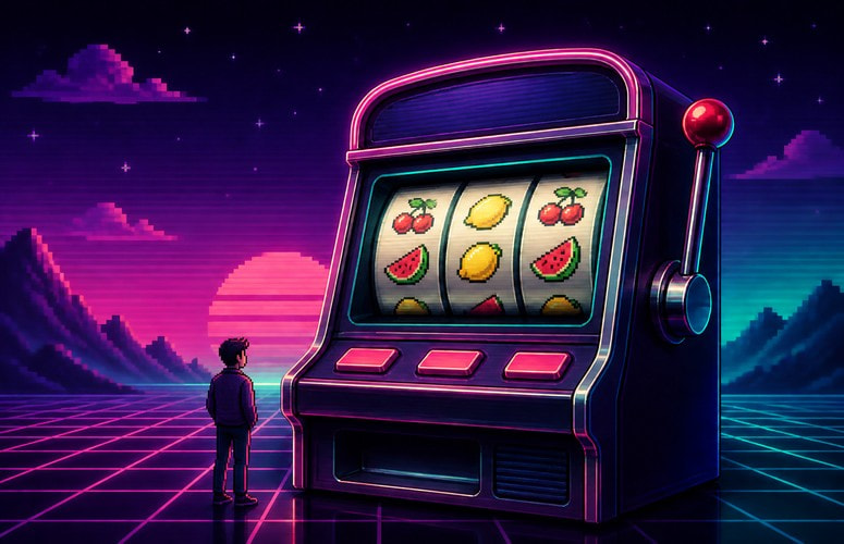 Retro synthwave pixel-art slot machine with a small human-like figure standing beside it