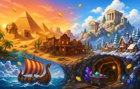 Illustrated collage of Hacksaw Gaming Le series slot themes: Egyptian pyramids, a Wild West town, a Greek temple, and a Viking ship