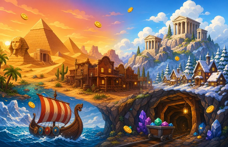 Illustrated collage of Hacksaw Gaming Le series slot themes: Egyptian pyramids, a Wild West town, a Greek temple, and a Viking ship