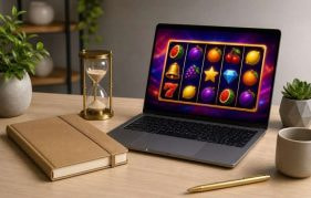 Player's Desk with a Budget Notebook, Timer, and Slot Reels on a Laptop, Illustrating How to Win at Online Slots by Planning the Session