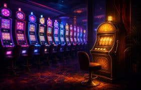 A Single Glowing Slot Cabinet Standing Apart from a Crowded Casino Row, Illustrating Underrated Pragmatic Play Slots