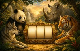 Wolf, Panda, Tiger, and Rhino Gathered Around a Golden Slot Reel Frame