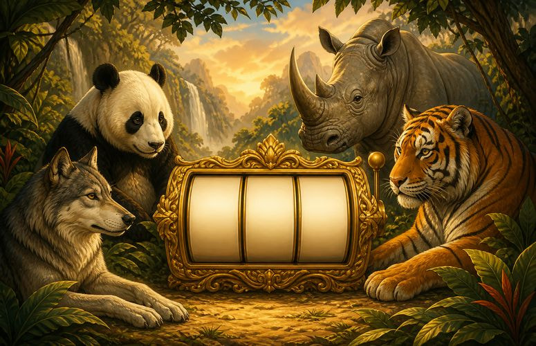 Wolf, Panda, Tiger, and Rhino Gathered Around a Golden Slot Reel Frame