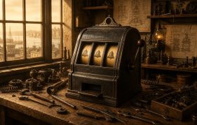 Cast-Iron Liberty Bell Slot Machine on a Workshop Bench