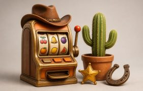 Vintage Slot Machine with a Cowboy Hat, Cactus, Sheriff Star, and Horseshoe