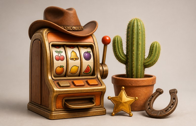 Vintage Slot Machine with a Cowboy Hat, Cactus, Sheriff Star, and Horseshoe