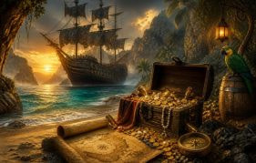 Pirate Ship, Treasure Chest and Parrot in a Hidden Cove Illustrating Our Top Pirate Slots List