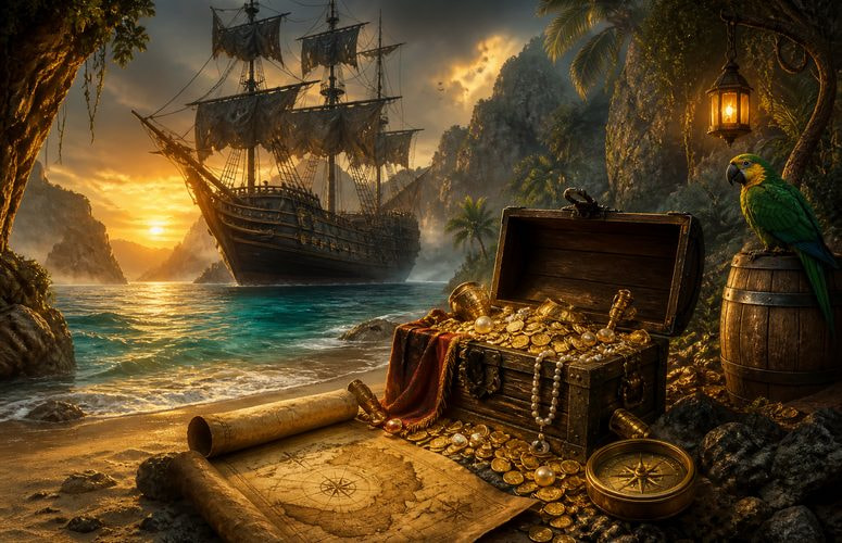 Pirate Ship, Treasure Chest and Parrot in a Hidden Cove Illustrating Our Top Pirate Slots List