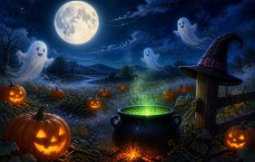 Moonlit Pumpkin Patch with a Cauldron, a Witch's Hat, and Ghosts, Illustrating the Best Halloween Slots