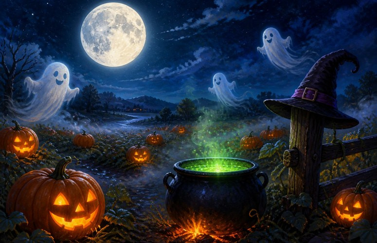 Moonlit Pumpkin Patch with a Cauldron, a Witch's Hat, and Ghosts, Illustrating the Best Halloween Slots