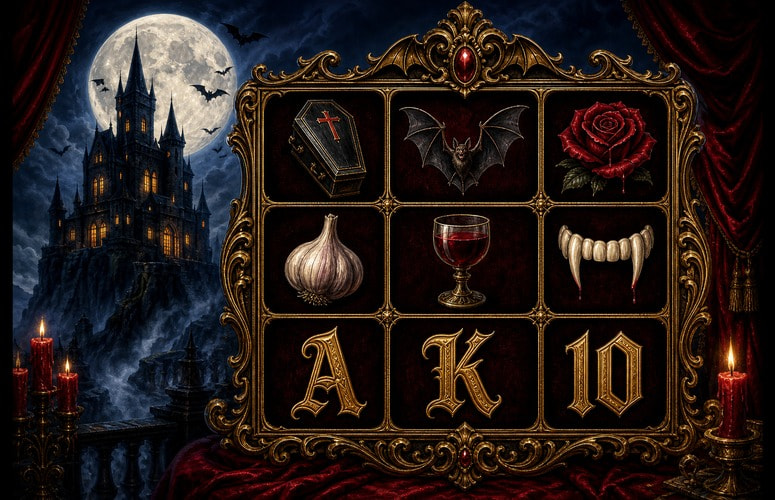 Gothic Castle Under a Full Moon with Vampire Slot Symbols on Golden Reels