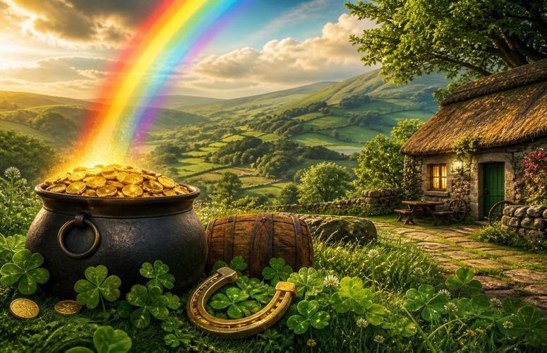 Rainbow Landing in a Pot of Gold Beside a Thatched Irish Pub, Illustrating the Best Irish Slots