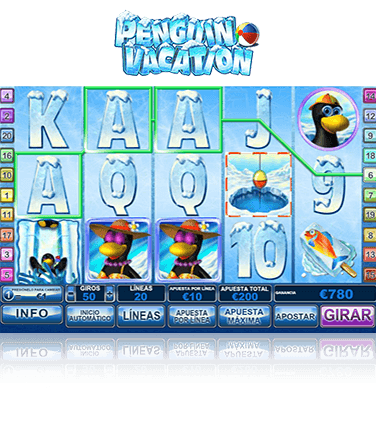Partida en la slot Penguin Vacation, con una línea ganadora. Se muestran diversos símbolos helados: las letras K, A, J y Q, además de los números 9 y 10. Tambiéen aparecen unos simpáticos pingüinos: los símbolos del niño, la madre y el wild, un pingüino que se desliza por un tobogán helado.