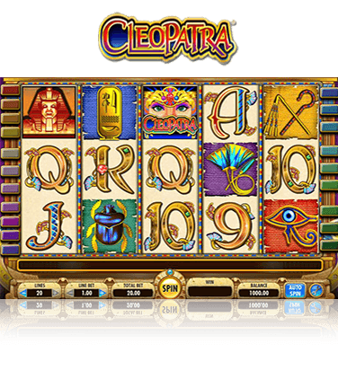 La videoslot Cleopatra con sus cinco rodillos desplegando diversos símbolos egipcios. Las letras K, Q o J están diseñadas de una manera egipcia, al igual que los números 9 y 10. Símbolos importantes como el ojo de Horus, el báculo o el escarabajo hacen también aparición.