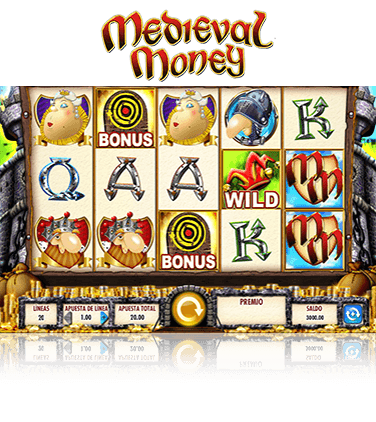 Panel de juego compuesto de 5 carretes y 3 líneas de la tragaperras Medieval Money de IGT. Se ven varios símbolos distintos de esta tragaperras.